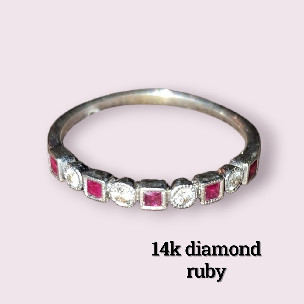 14k White Gold Diamond And Ruby Half Eternity Millgrain Ring